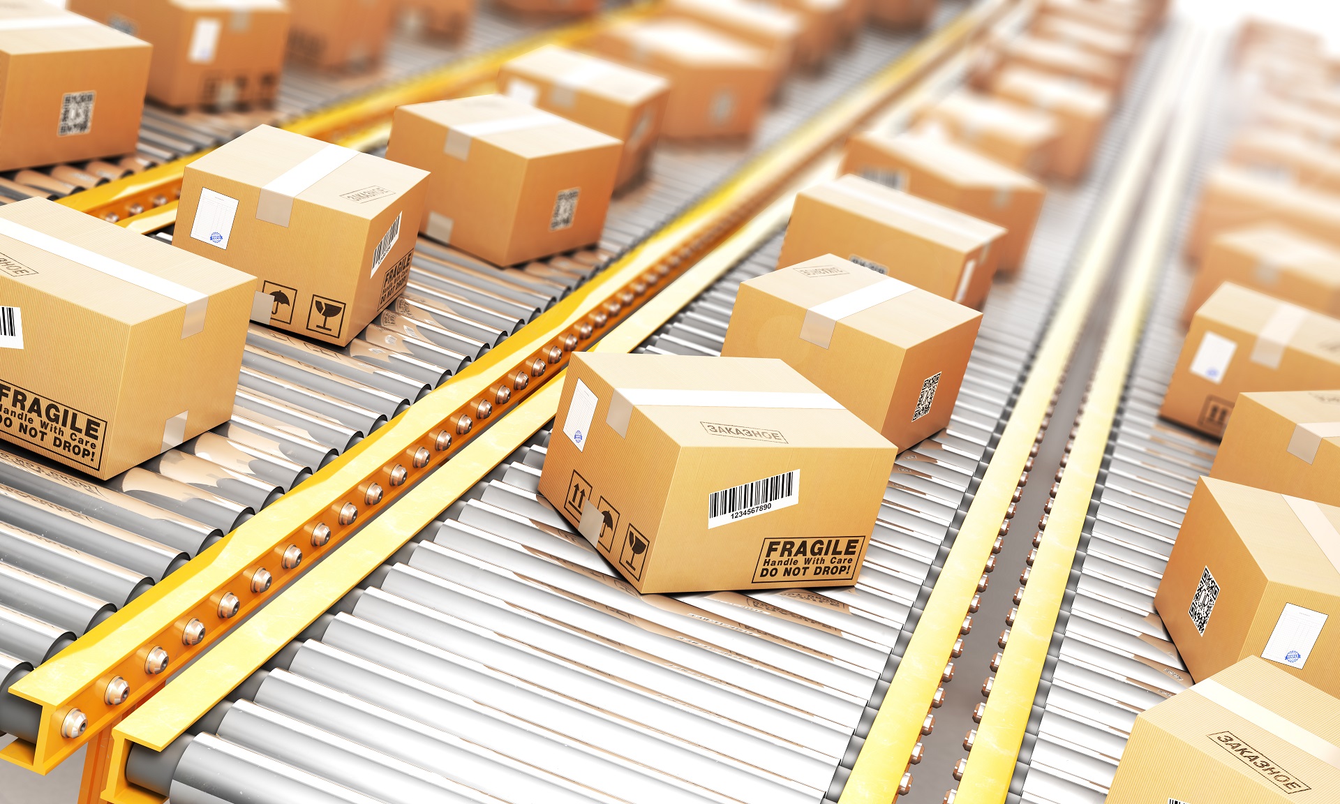 Delivery,Concept.,Cardboard,Boxes,On,A,Conveyor,Line.,3d,Illustration